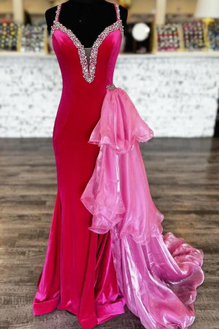 Fuchsia Rhinestone Velvet V-Neck Formal Gown with Side Tiered Train