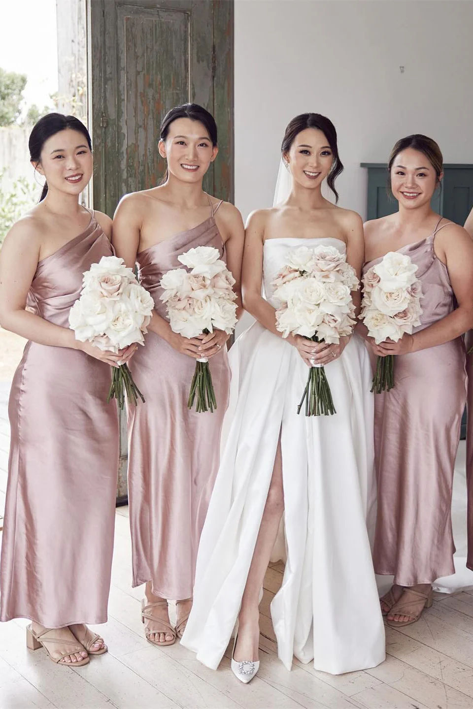 Modern Dusty Pink One Shouler Pleated Sheath Bridesmaid Dress