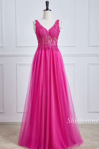 Fuchsia Tulle Appliques V-Neck A-Line Long Prom Dress