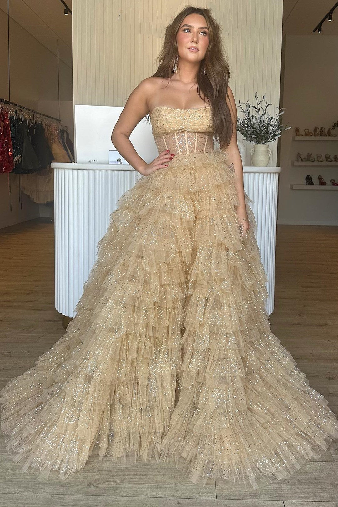 Gold Tulle Sequin Strapless Ruffle Tiered Long Prom Dress