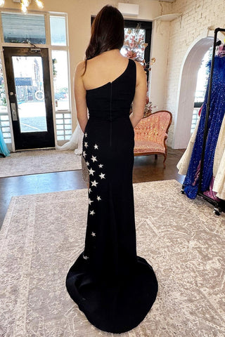 Black Tassels One-Shoulder Mermaid Long Prom Dress with Stars