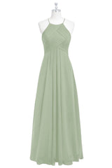 Dusty Sage Halter Pleated Chiffon Long Bridesmaid Dress 