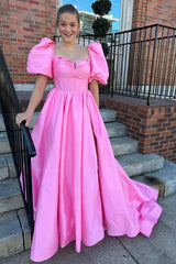 Magenta Notched Neck Puff Sleeve Bow Back Prom Gown