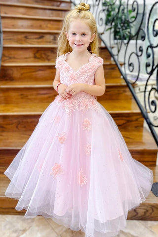 Pink Tulle Appliques V-Neck Long Flower Girl Dress