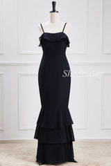 Black Spaghetti Strap Ruffle Trumpet Maxi Dress