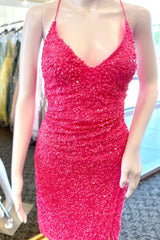 Hot Pink Sequins Straps V Neck Sheath Homecoming Dress