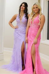 Hot Pink Appliques Halter Mermaid Long Formal Gown