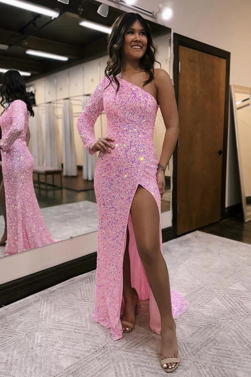 Pink Mermaid One Shoulder Long Sleeve Sequins Long Prom Dress with Slit