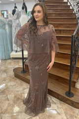 Brown Floral Embroidery Mermaid Long Mother's Gown with Cape