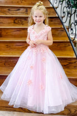 Pink Tulle Appliques V-Neck Long Flower Girl Dress