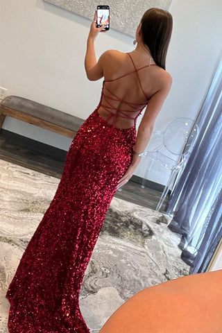 Red Sequin Lace-Up Back Long Prom Dress with Slit