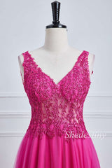 Fuchsia Tulle Appliques V-Neck A-Line Long Prom Dress