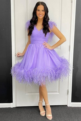 Lavender Surplice A-Line Homecoming Dress with Feathers