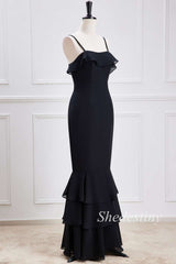 Black Spaghetti Strap Ruffle Trumpet Maxi Dress