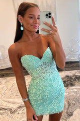 Aqua Blue Appliques Sweetheart Lace-Up Short Homecoming Dress