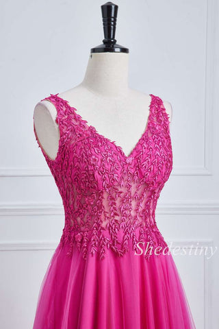 Fuchsia Tulle Appliques V-Neck A-Line Long Prom Dress