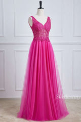 Fuchsia Tulle Appliques V-Neck A-Line Long Prom Dress