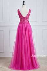 Fuchsia Tulle Appliques V-Neck A-Line Long Prom Dress