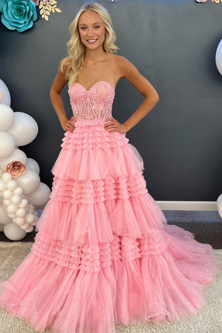 Red Tulle Sweetheart Tiered Long Prom Dress with Ruffles