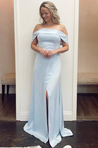 A-Line Light Blue Off-the-Shoulder Long Bridesmaid Dress with Slit