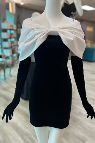 Black Velvet Off-the-Shoulder Bow-Front Short Dress