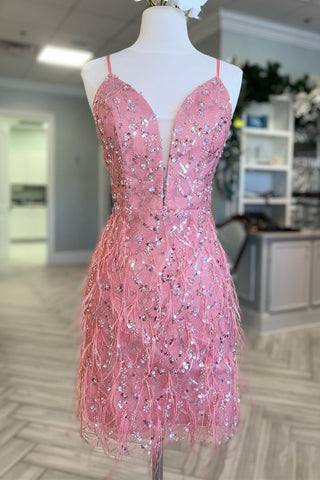 Pink Tulle Sequin Plunge V Short Cocktail Dress with Feathers
