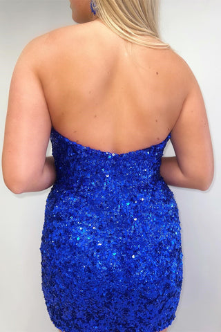 Blue Sequin Strapless Fitted Short Party Dress