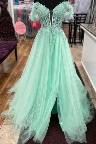 Mint Green Applique Off the Shoulder Feather Formal Dress with Slit