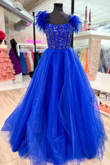 Lilac A-line Off-the-Shoulder Feathers Beaded Straps Tulle Long Prom Dress