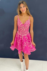 Fuchsia Floral Lace Backless A-Line Short Homecoming Dress