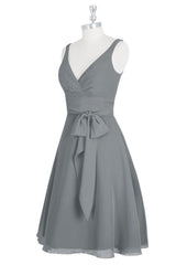 Grey V Neck Chiffon Mini Bridesmaid Dress with Bow Tie Sash