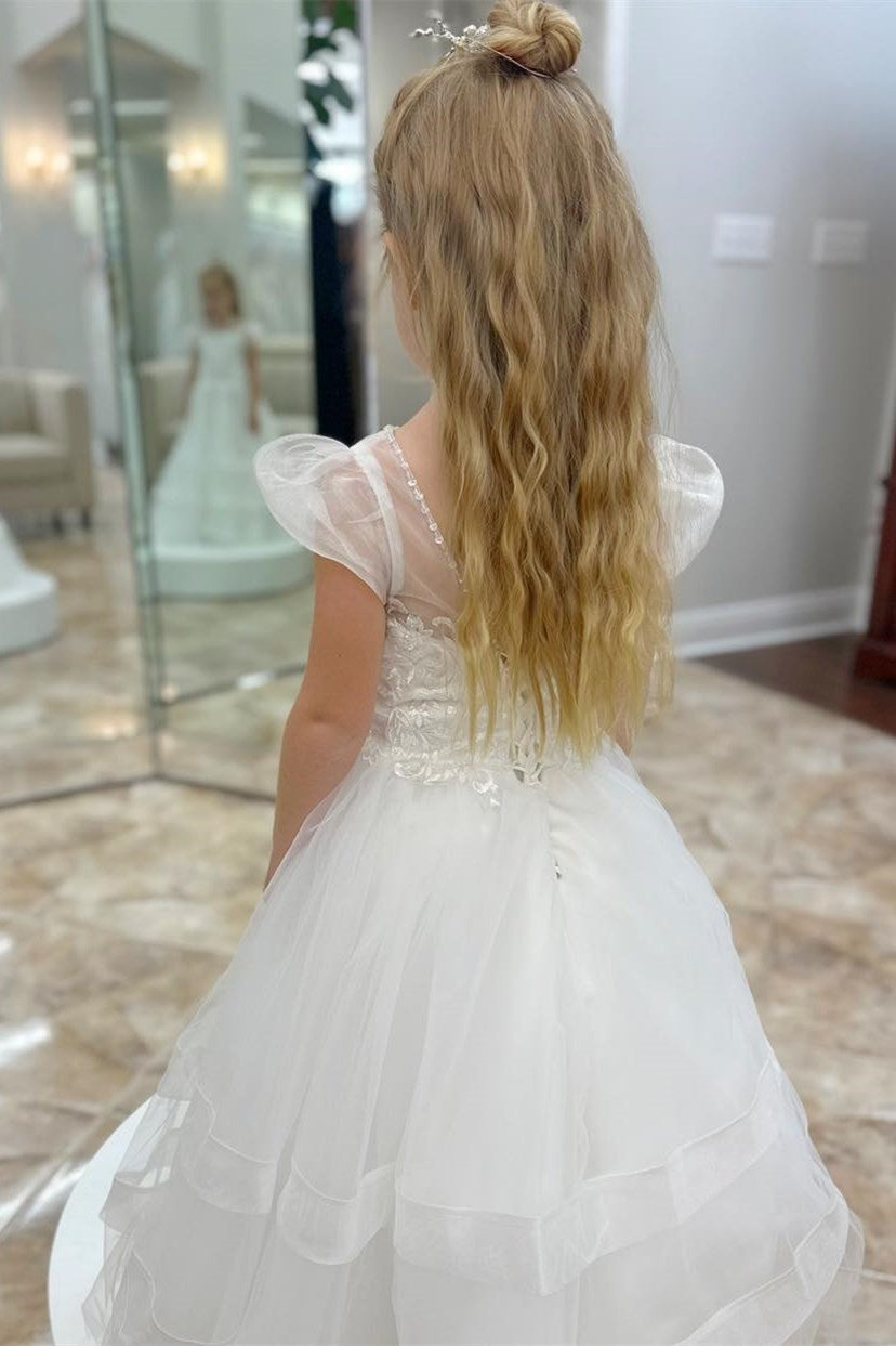 White Round Neck Puff Sleeve Long Flower Girl Dress