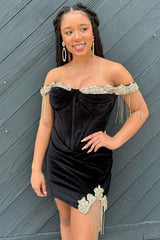 Black Velvet Off-the-Shoulder Short Homecoming Dress with Rhinestones