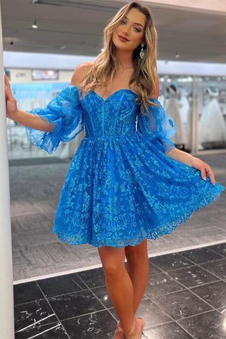 Blue Sequin-Lace Sweetheart A-Line Short Gown with Balloon Sleeves