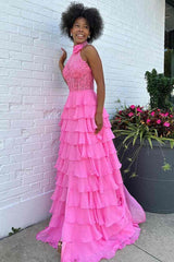 Hot Pink Beaded Halter Tiered Ruffles Prom Dress with Slit