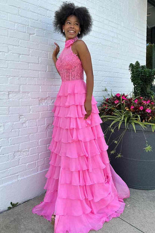 Hot Pink Beaded Halter Tiered Ruffles Prom Dress with Slit