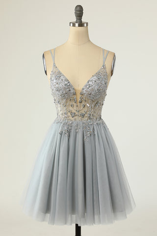 Gray Sheer Bodice Beaded Short Gown with Spaghetti Straps