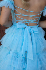 Light Blue Tulle Off-the-Shoulder Long Gown with Ruffles