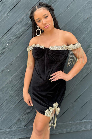 Black Velvet Off-the-Shoulder Short Homecoming Dress with Rhinestones