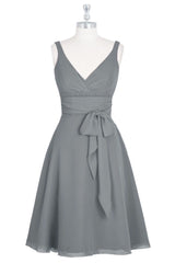 Grey V Neck Chiffon Mini Bridesmaid Dress with Bow Tie Sash