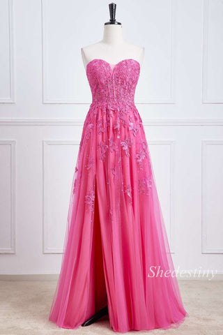Hot Pink Appliques Sweetheart A-Line Long Formal Dress with Slit
