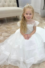 White Round Neck Puff Sleeve Long Flower Girl Dress