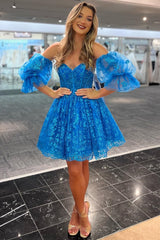 Blue Sequin-Lace Sweetheart A-Line Short Gown with Balloon Sleeves