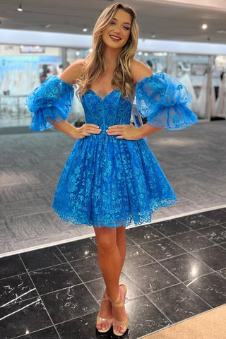 Blue Sequin-Lace Sweetheart A-Line Short Gown with Balloon Sleeves
