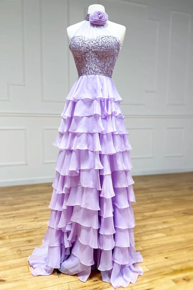 Lilac Beaded Halter Tiered Ruffles Prom Dress with Slit