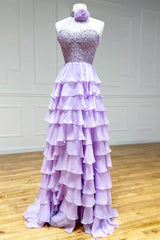 Lilac Beaded Halter Tiered Ruffles Prom Dress with Slit