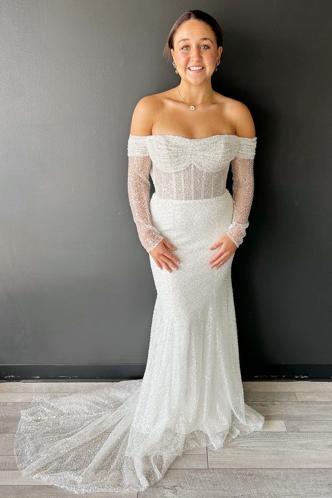 Ivory Sequin Off-the-Shoulder Mermaid Long Bridal Gown
