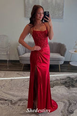 Luxury Sequin Red Mermaid Pleated Slit Prom Dress 
