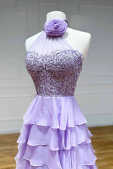 Beaded Halter Tiered Ruffles Lilac Prom Dress with Slit