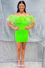 Green Off-the-Shoulder Ruffle Fitted Homecoming Dress